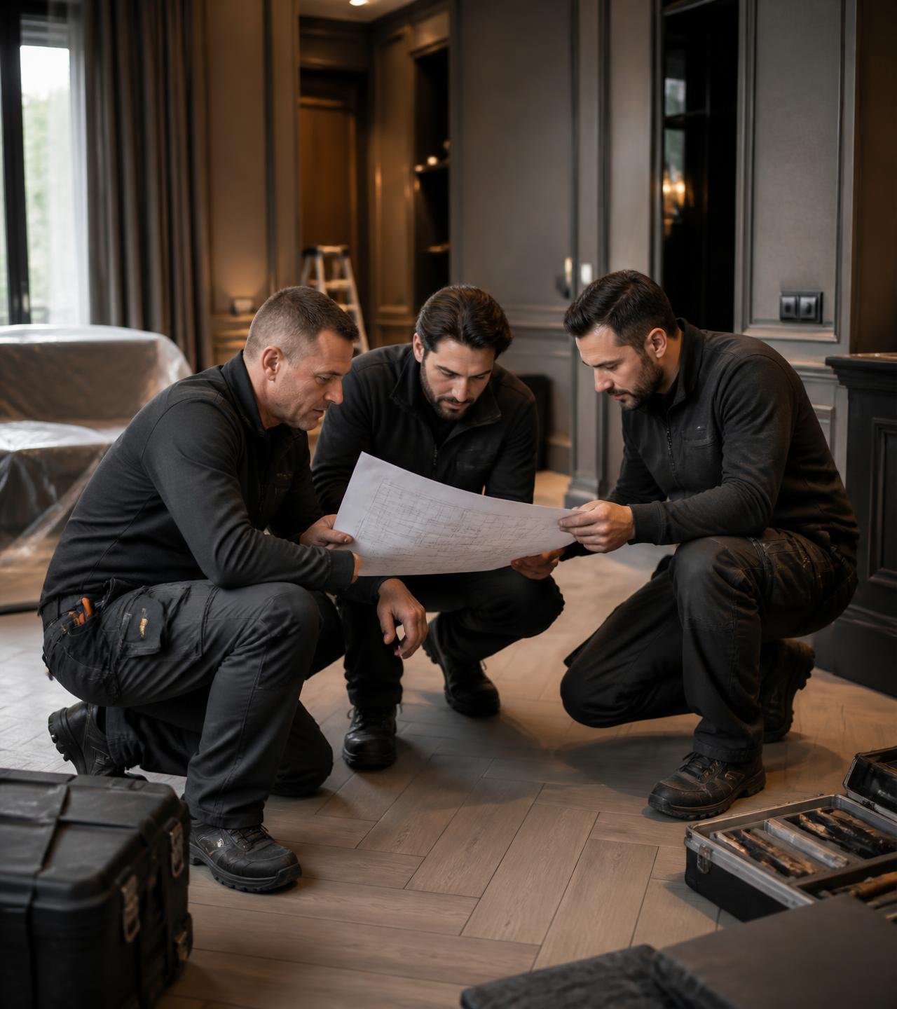 VIZANTO installation team reviewing drawings on site